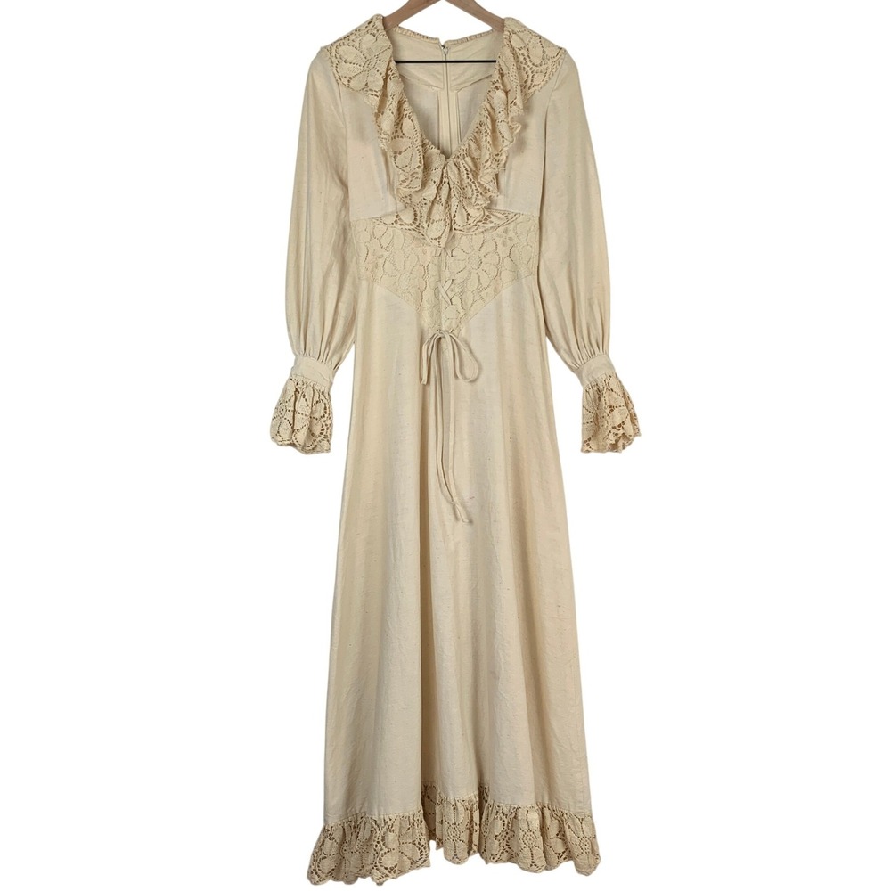 VTG Handmade Prairie Maxi Dress Sz S Cream Crochet Ruffle Bishop Sleeve Corset